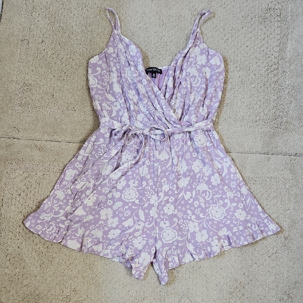 Crystal Doll Lilac and White Floral V Neck Spaghetti Strap Ruffle Hem Romper - Picture 8 of 9